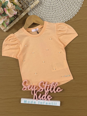 Blusa Infantil Kukiê Verão Laranja com Perolas