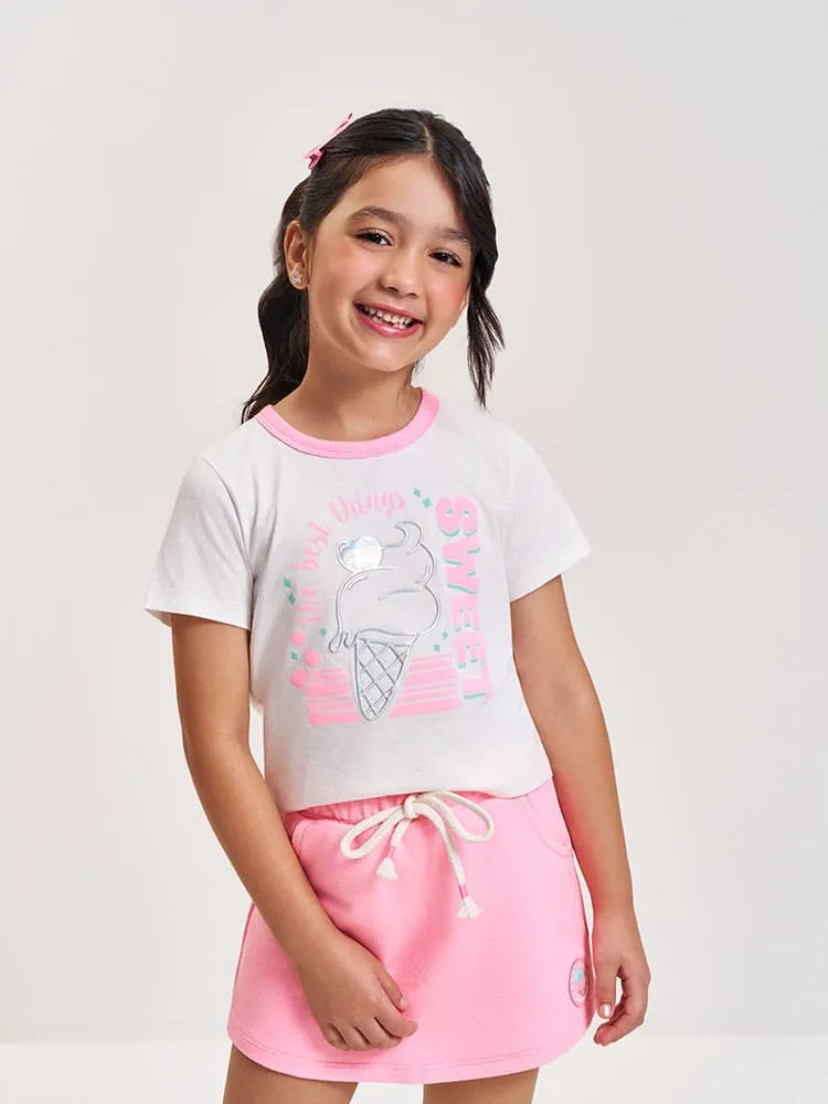 Conjunto Infantil Menina Cinti com Short-Saia Rosa e Blusa Branca Sweet
