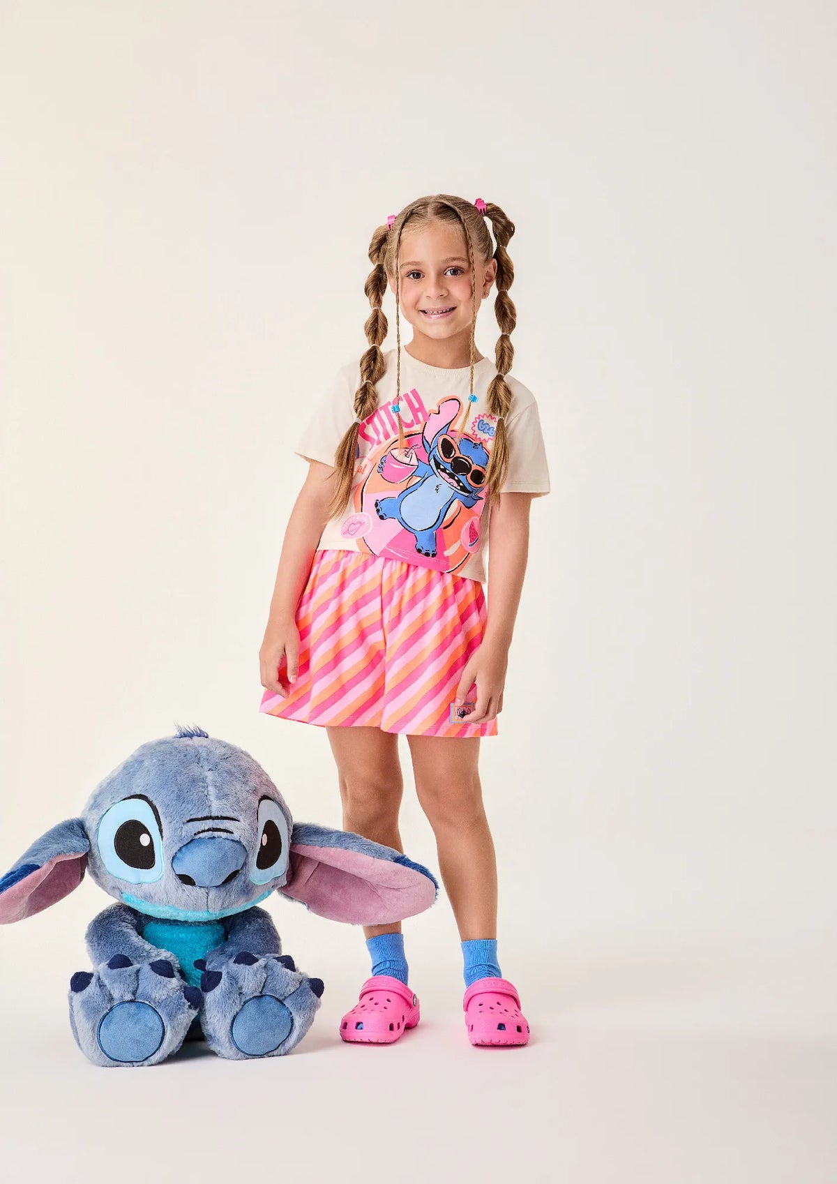 Conjunto Infantil Menina Bimbi Shorts Listrado e Blusa Stitch Verão Disney