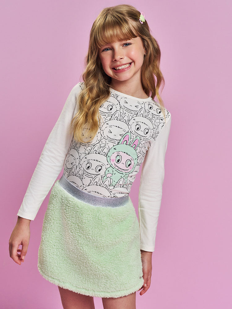 Conjunto Infantil Cinti Inverno com Shorts Saia Verde e Blusa Manga Longa Branca Labubu