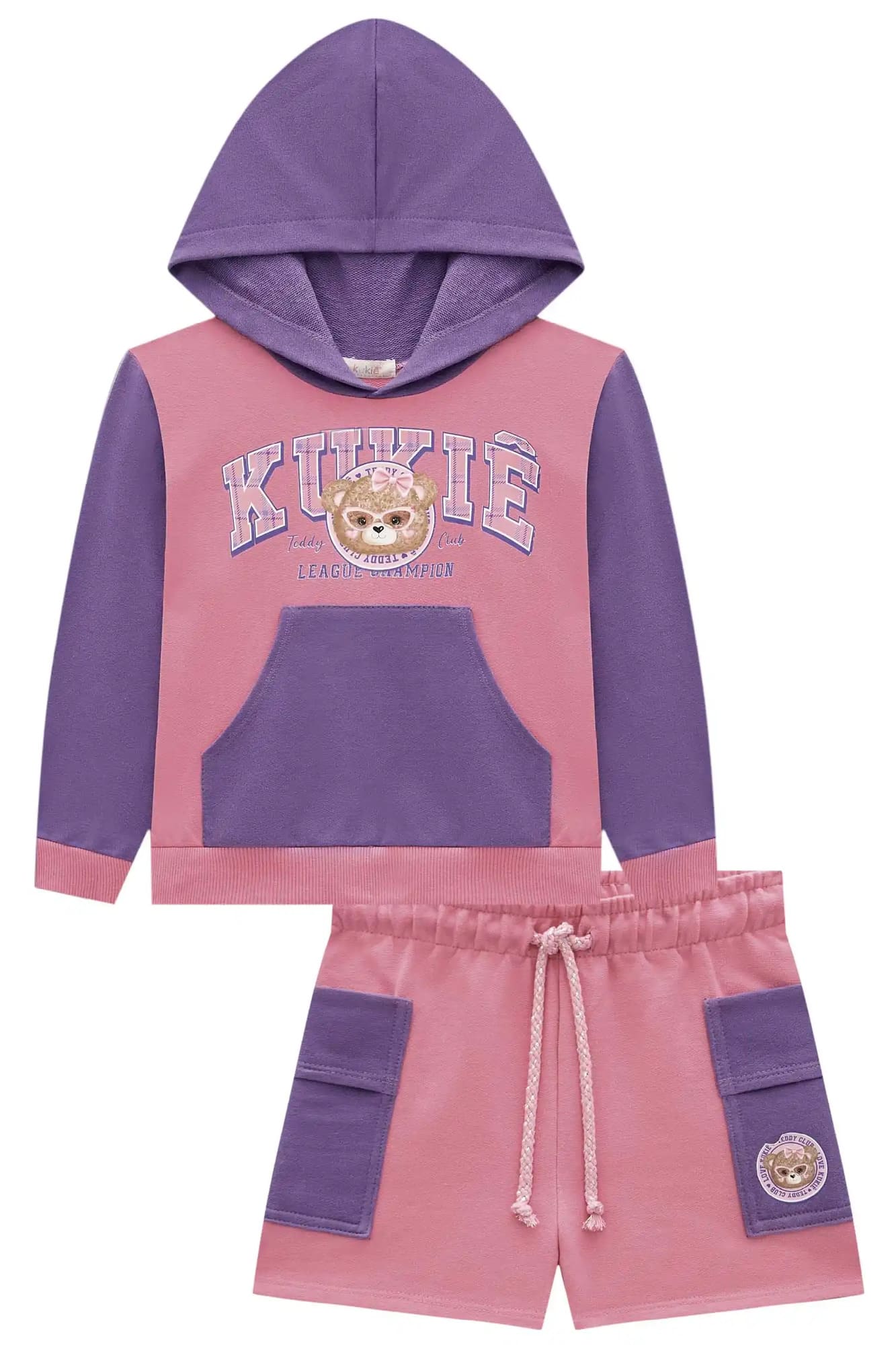 Conjunto Infantil Kukiê Inverno com Shorts e Casaco Rosa Ursinha
