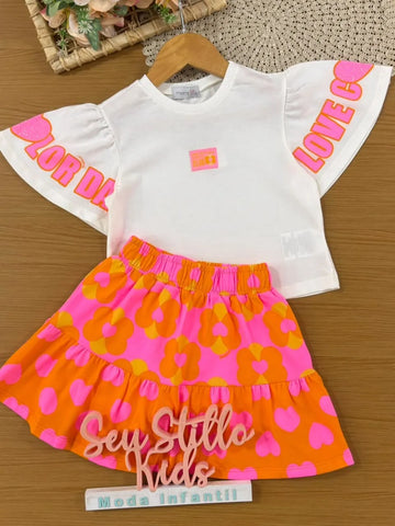 Conjunto Infantil Menina Momi Saia Laranja Corações e Blusa Branca