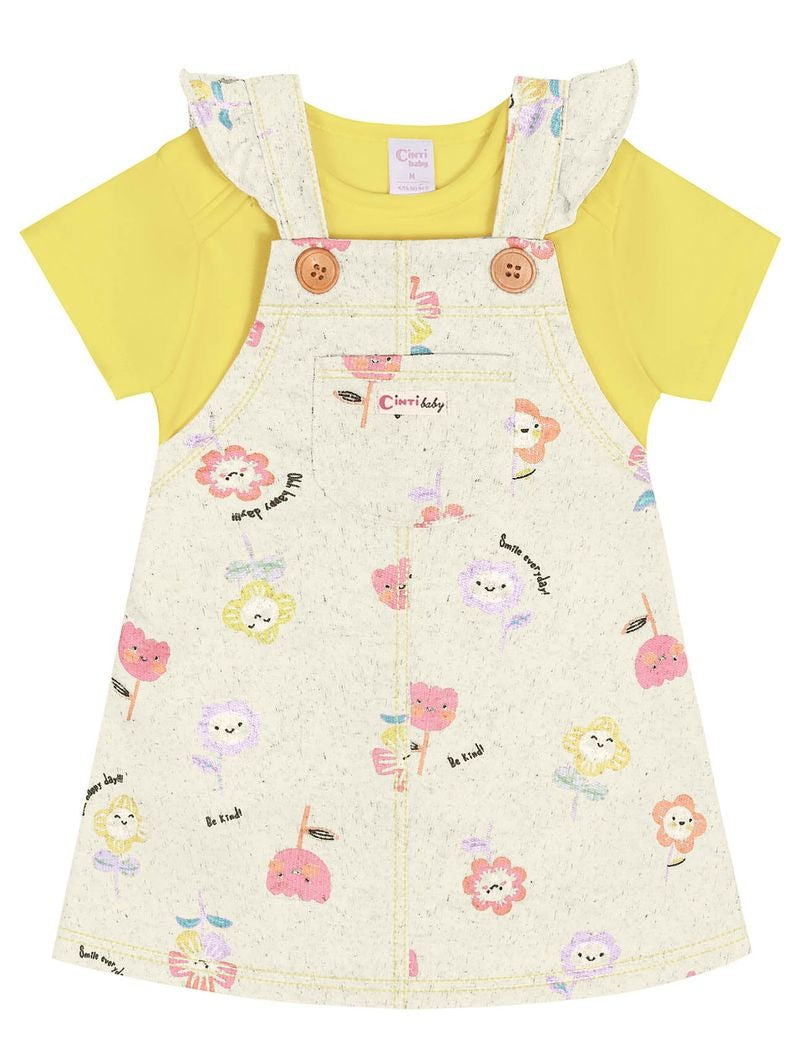 Salopete Infantil Cinti Verão Floral com Body Amarelo