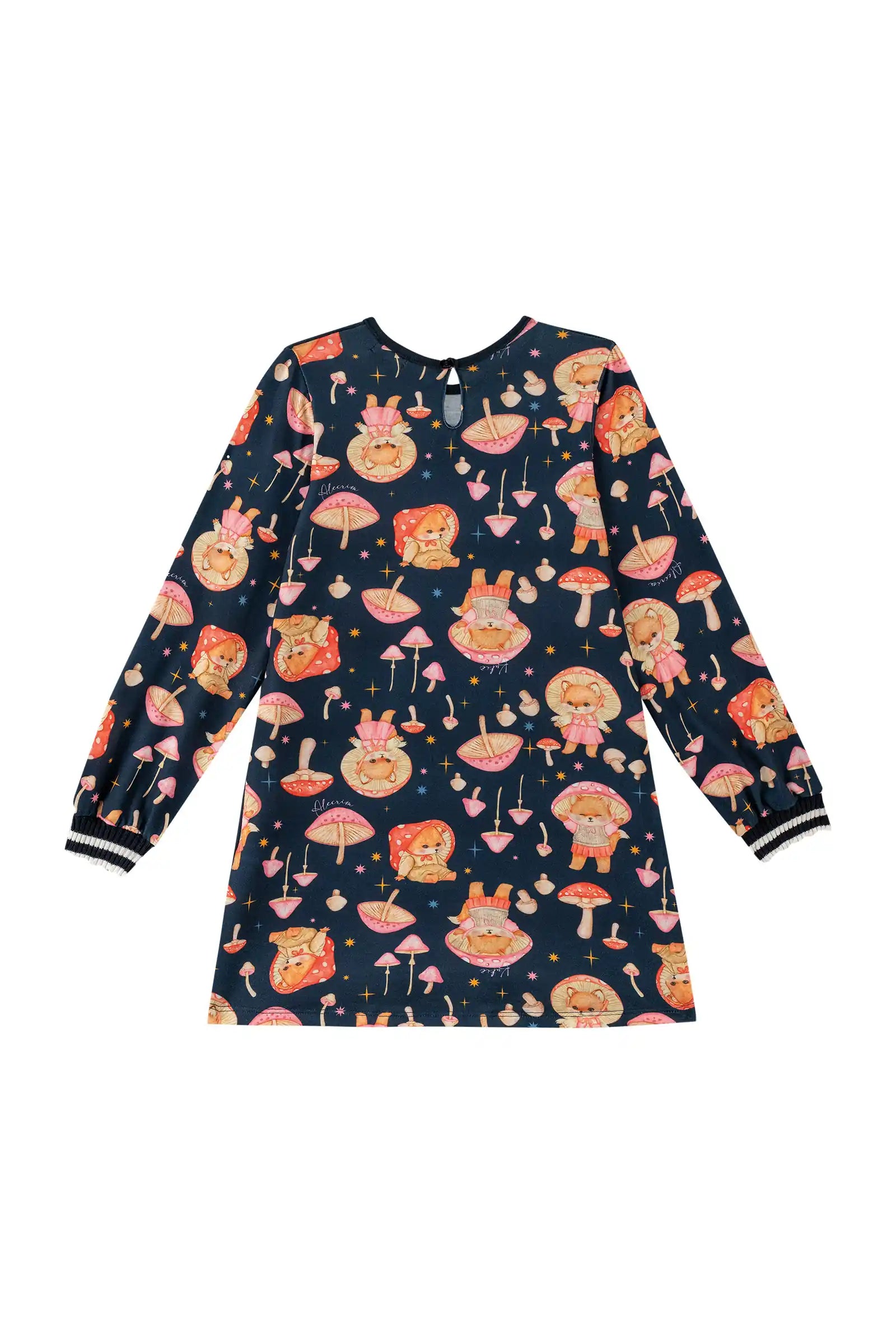 Vestido Infantil Kukiê Inverno Azul Marinho Raposinha Cogumelo