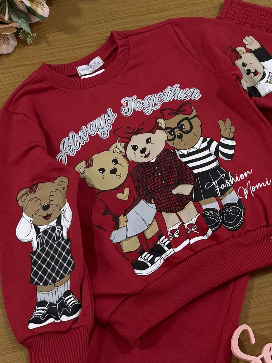 Conjunto Infantil Momi Inverno com Calça e Casaco Vermelho Ursinhos Fashion