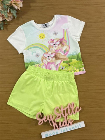 Conjunto Infantil Kukiê com Shorts Verde Neon e Blusa Manga Curta Cachorrinhas no Paque