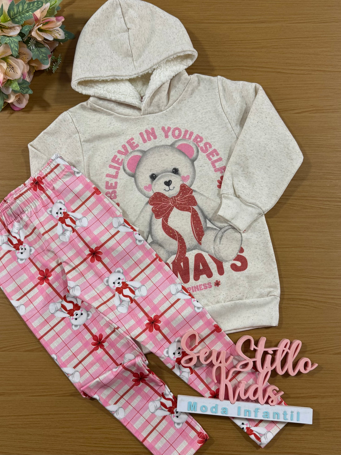 Conjunto Infantil Cinti Inverno Calça e Moletom Flanelado Ursinho