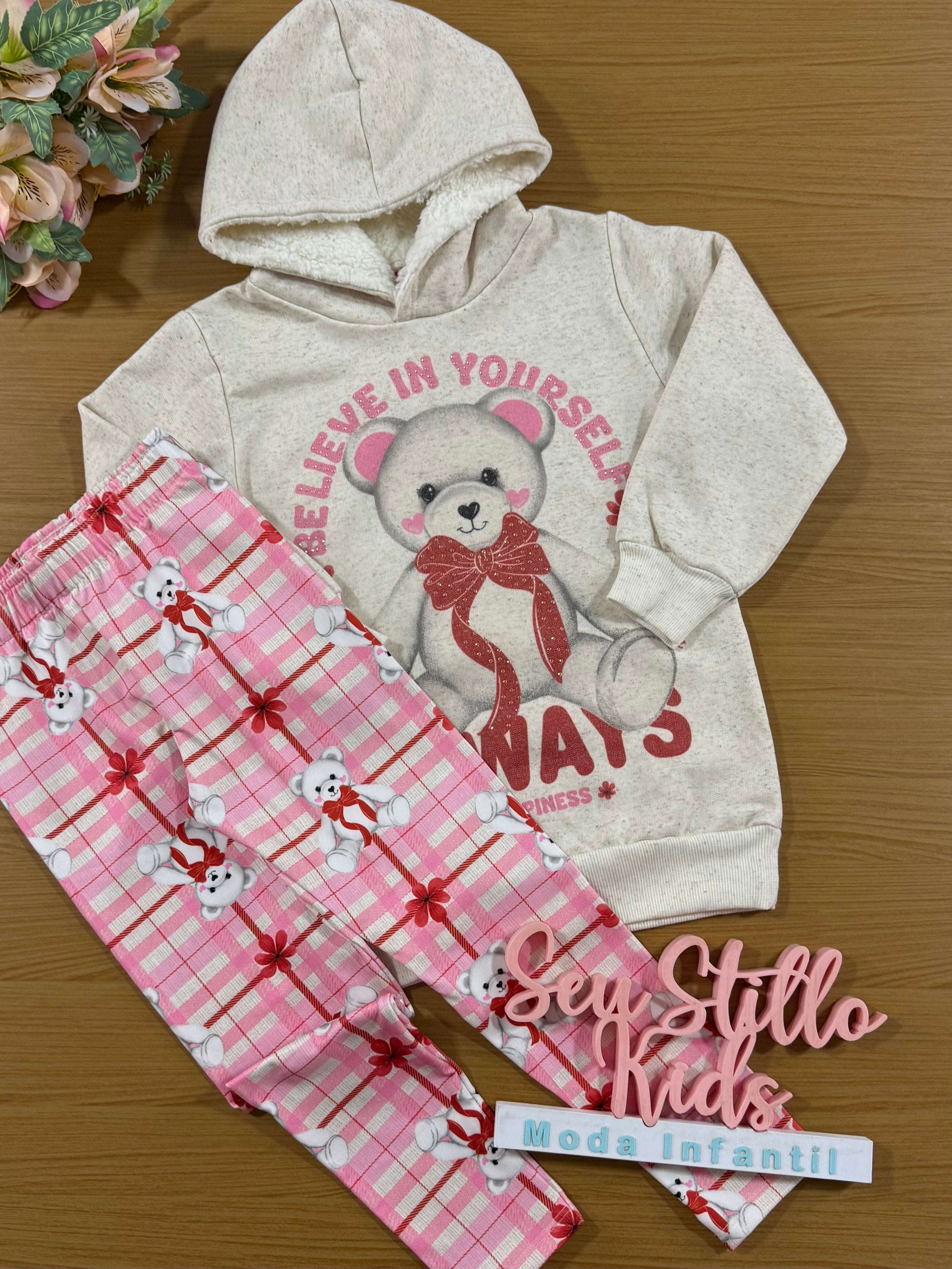 Conjunto Infantil Cinti Inverno Calça e Moletom Flanelado Ursinho