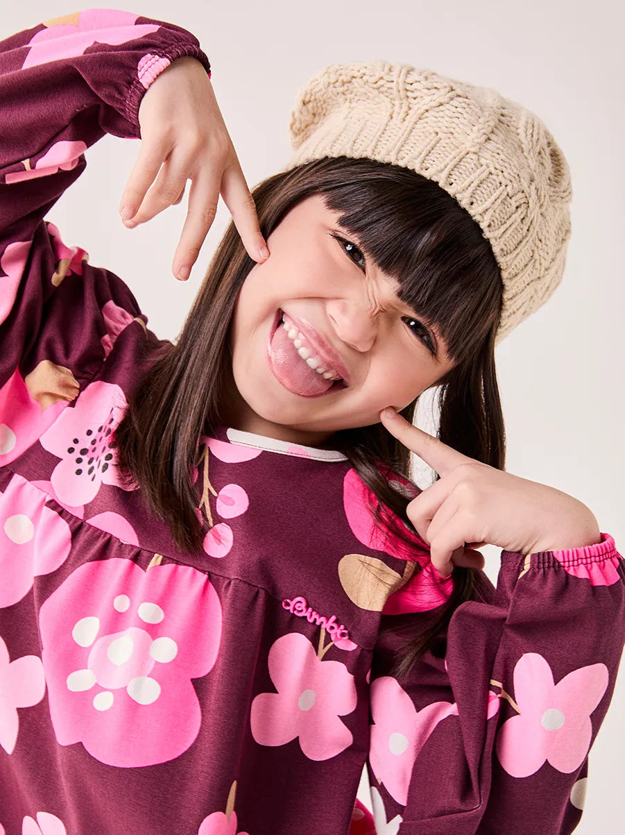 Vestido Infantil Bimbi Invero Vinho Flores