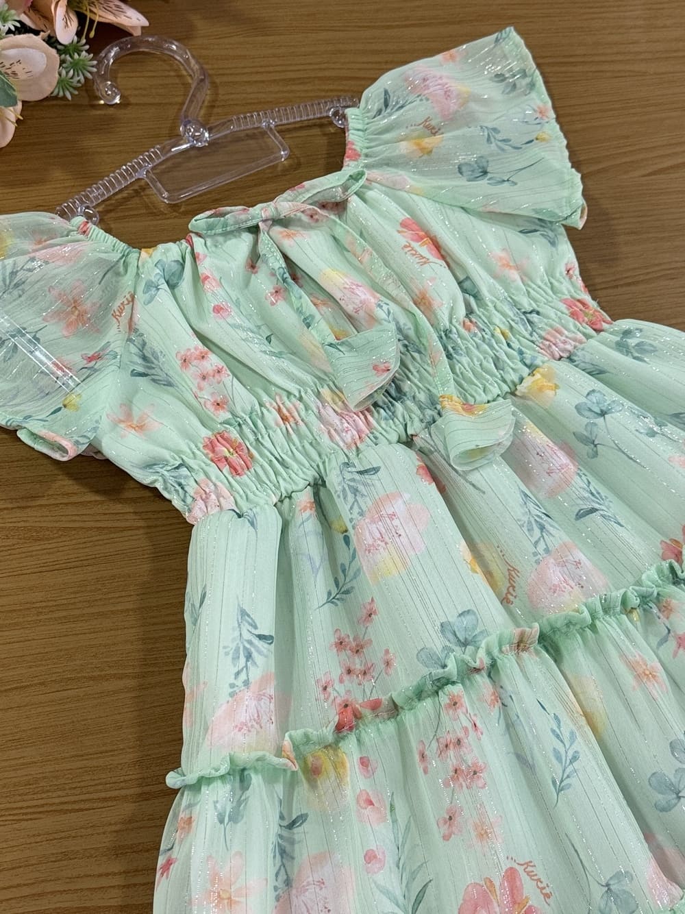 Vestido Infantil Kukie Verão Chiffon Verde Floral