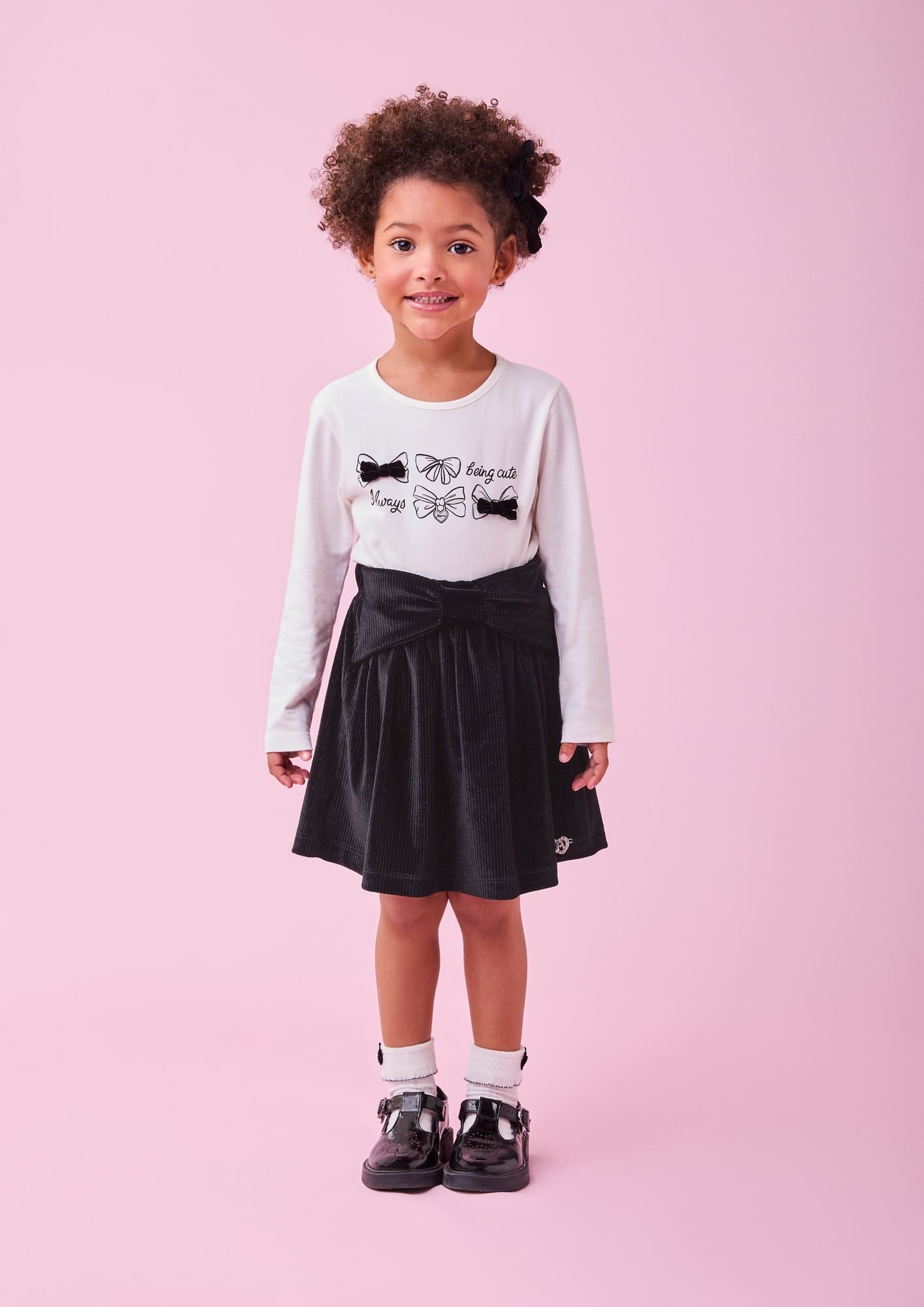 Conjunto Infantil Momi Inverno com Saia Preta Lacinhos e Blusa Manga Longa