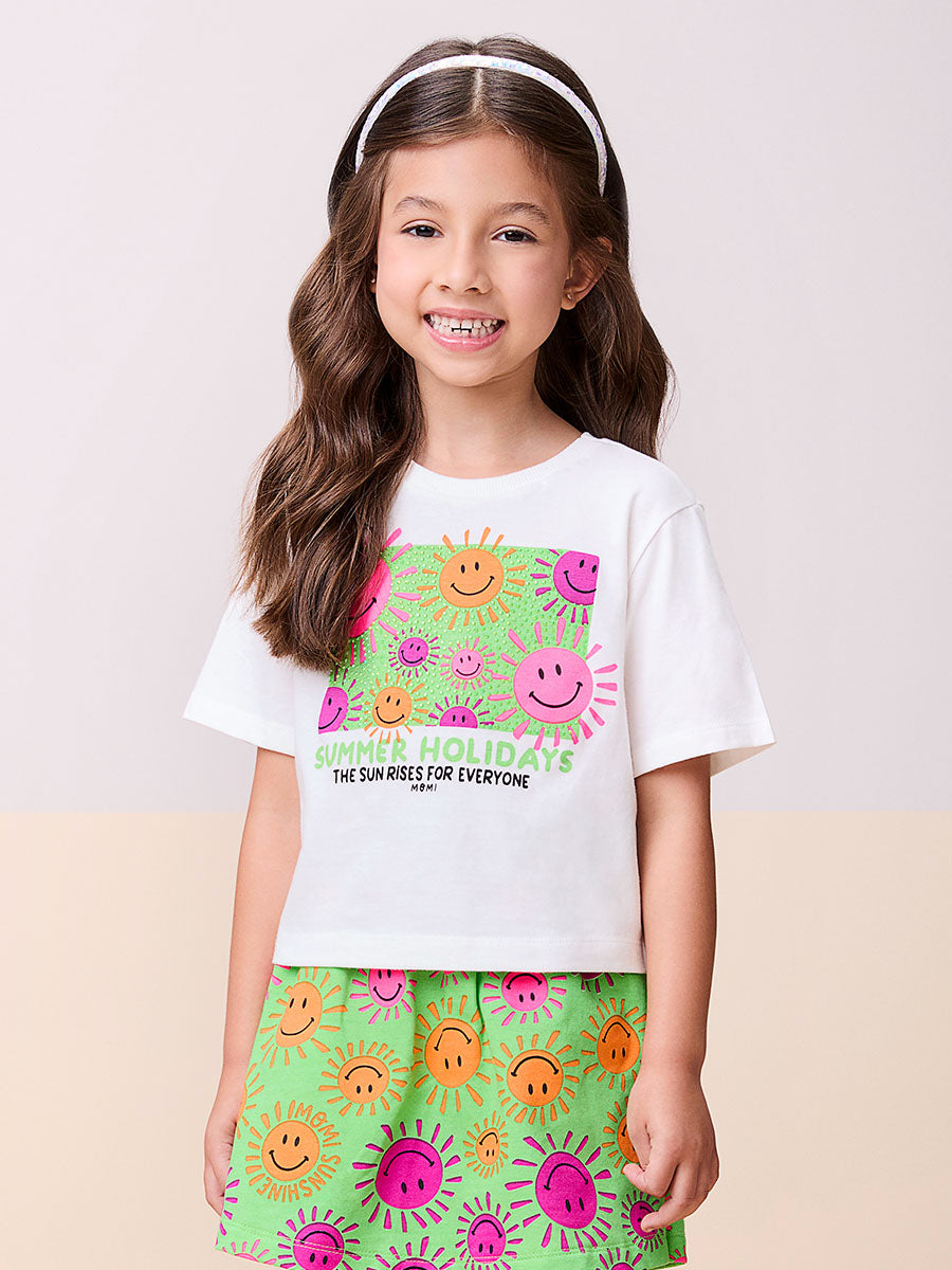 Conjunto Infantil Momi Verão Shorts Saia Verde e Blusa Sol com Strass