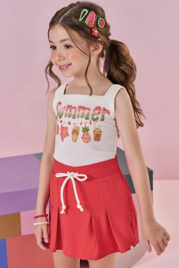 Conjunto Infantil Kukiê Verão com Shorts Saia Vermelha e Blusa Branca Summer