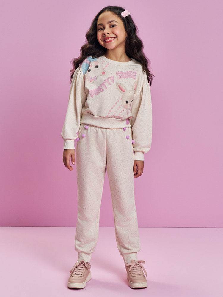 Conjunto Infantil Cinti Inverno com Calça e Moletom sem Flanela Off White Bichinhos com Strass