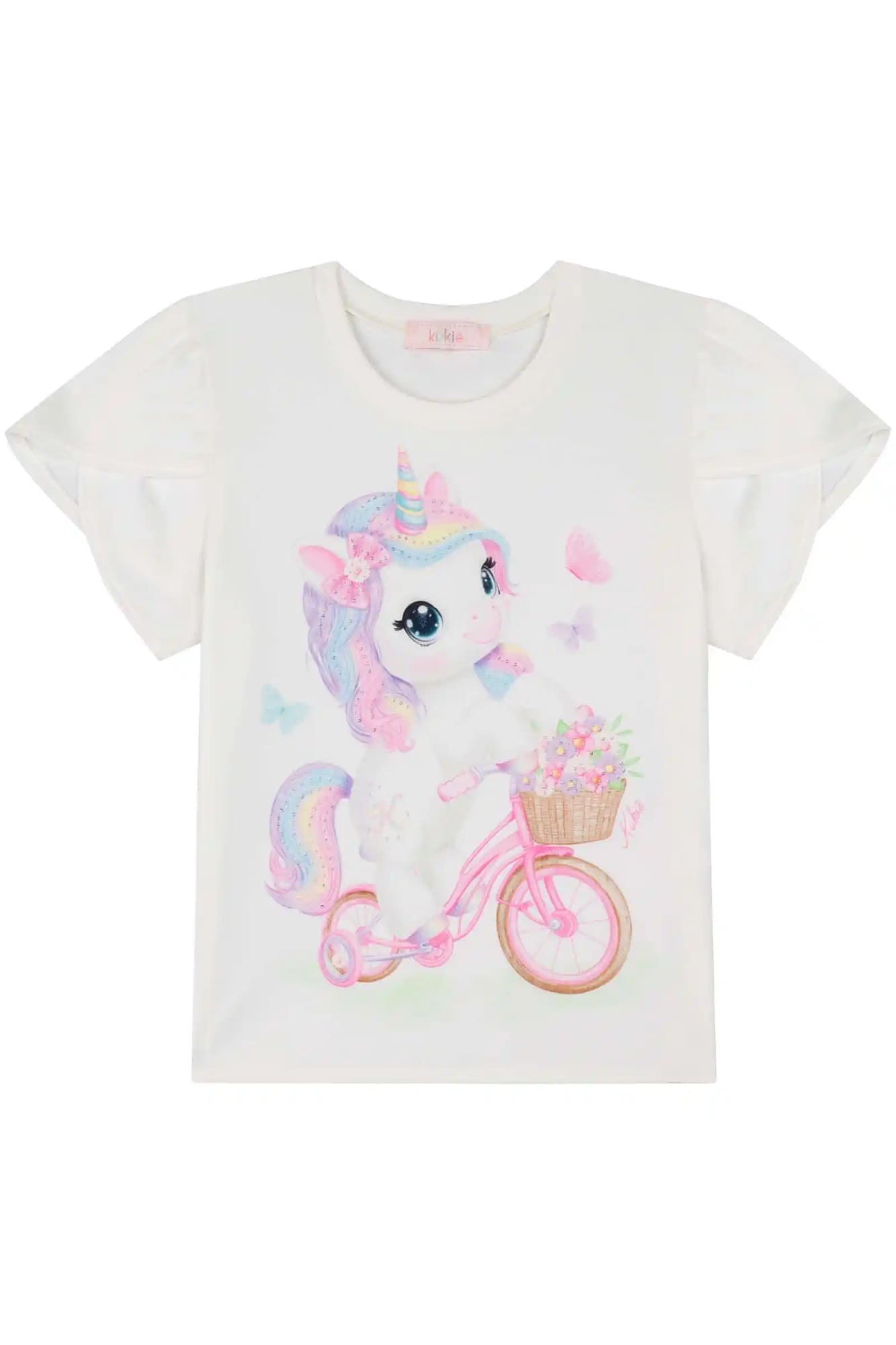 Blusa Infantil Kukiê Verão Branca Unicórnio com Strass