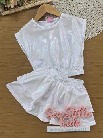 Conjunto Infantil Cinti Verão com Saia e Blusa Branco Holográfica