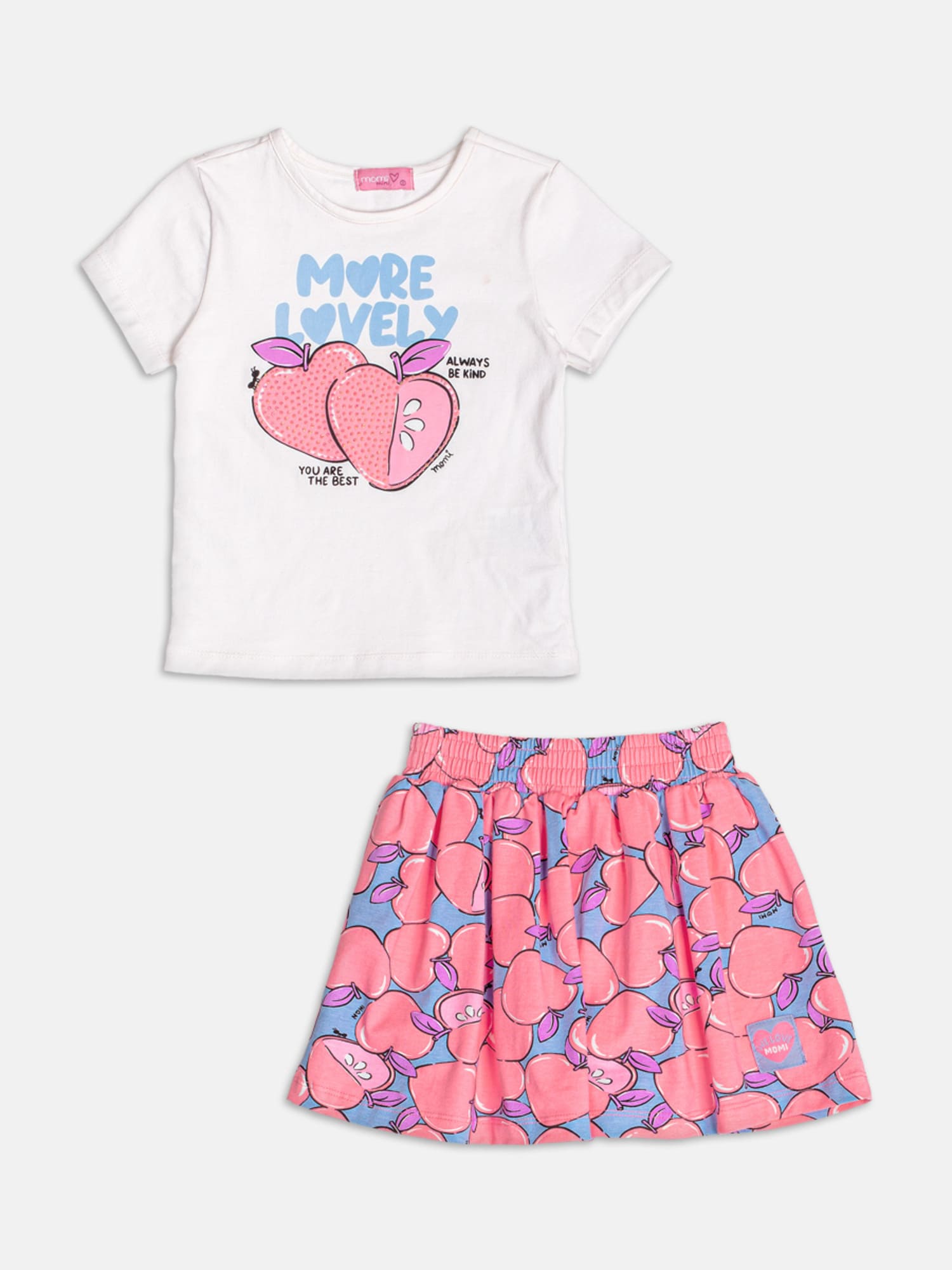 Conjunto Infantil Momi Verão com Saia Azul e Blusa Branca Frutinha