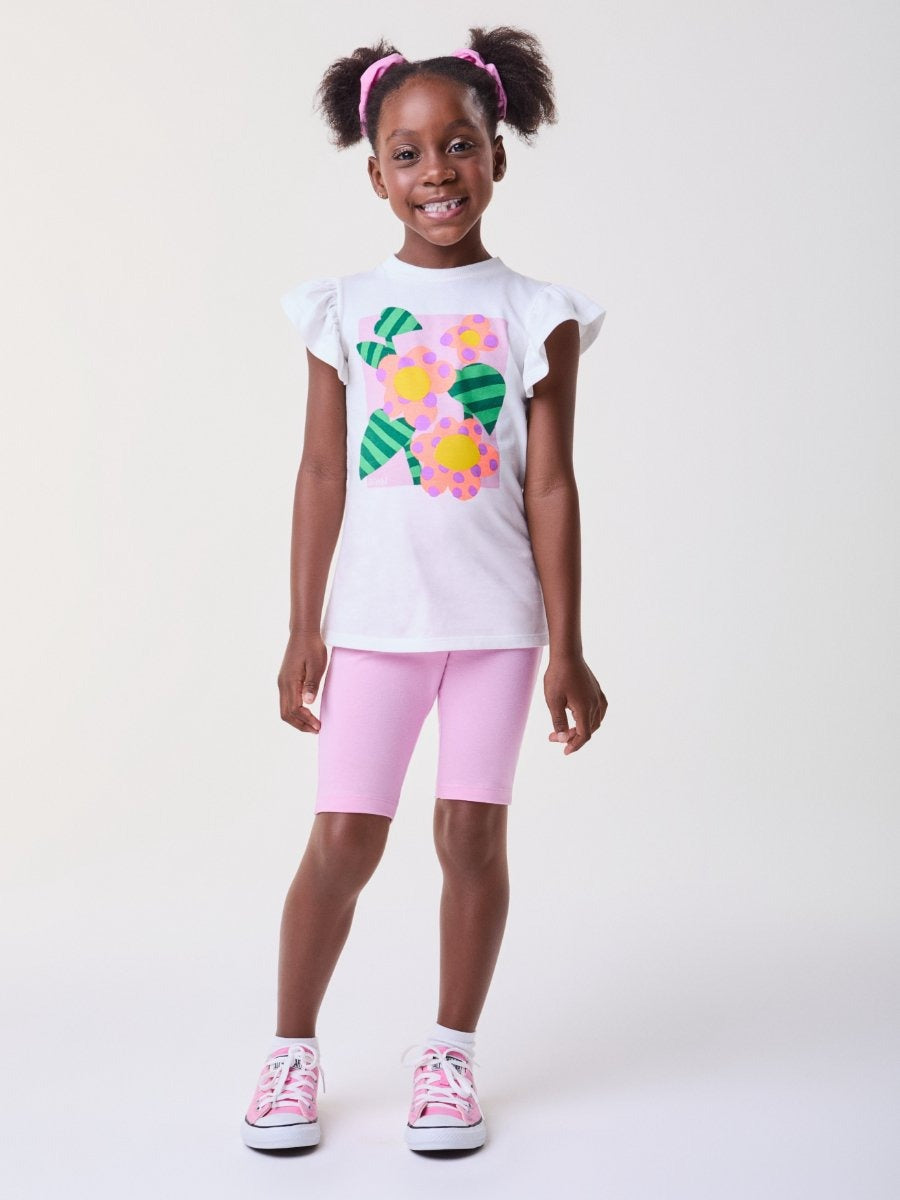 Conjunto Infantil Bimbi Verão com Shorts Ciclista Rosa e Blusa Branca Floral