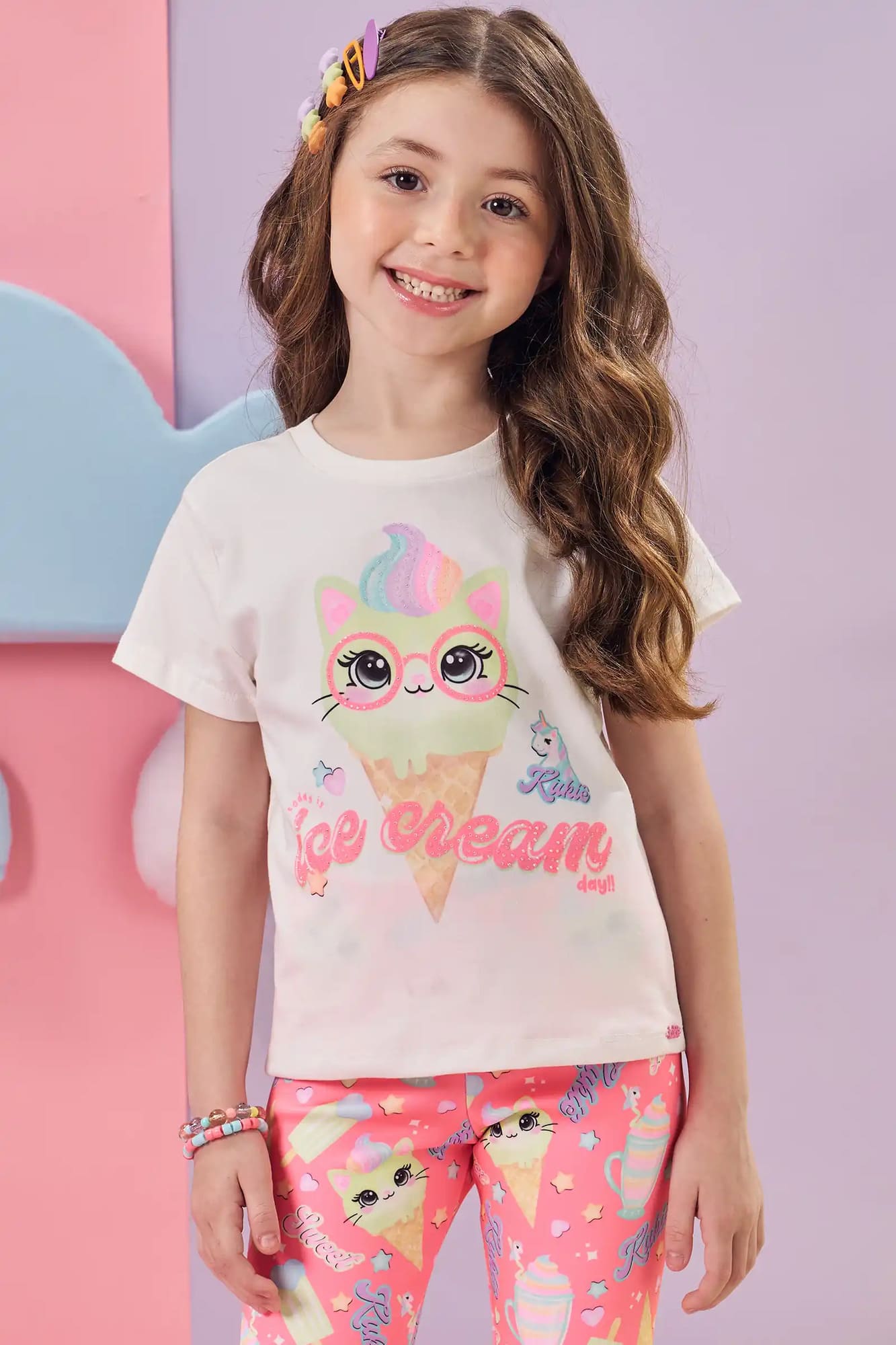 Blusa Infantil Kukiê Verão Off White Gatinha Sorvete