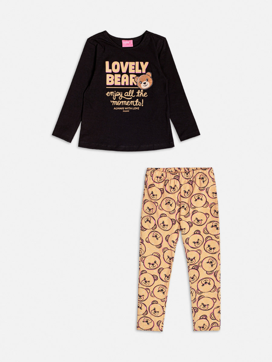 Conjunto Infantil Momi Inverno com Calça e Blusa Preta Ursinho