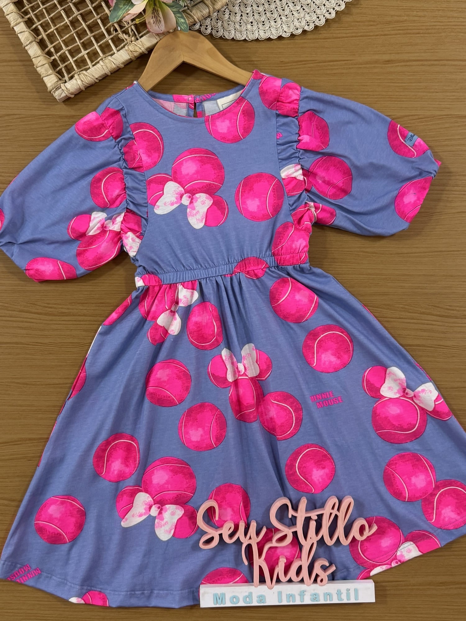 Vestido Infantil Animê Verão Minnie Bolinha de Tênis Disney