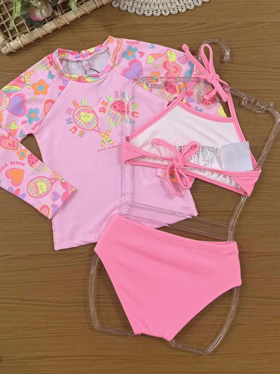 Biquíni Infantil Kukiê Verão Rosa com Blusa Manga Longa Bolinha de Tênis