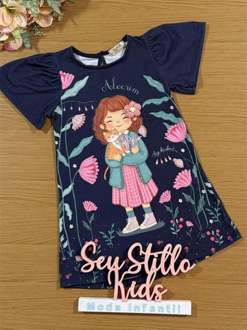 Vestido Infantil Kukiê Inverno Alecrim Manga Logan Azul Marinho Menina no Campo