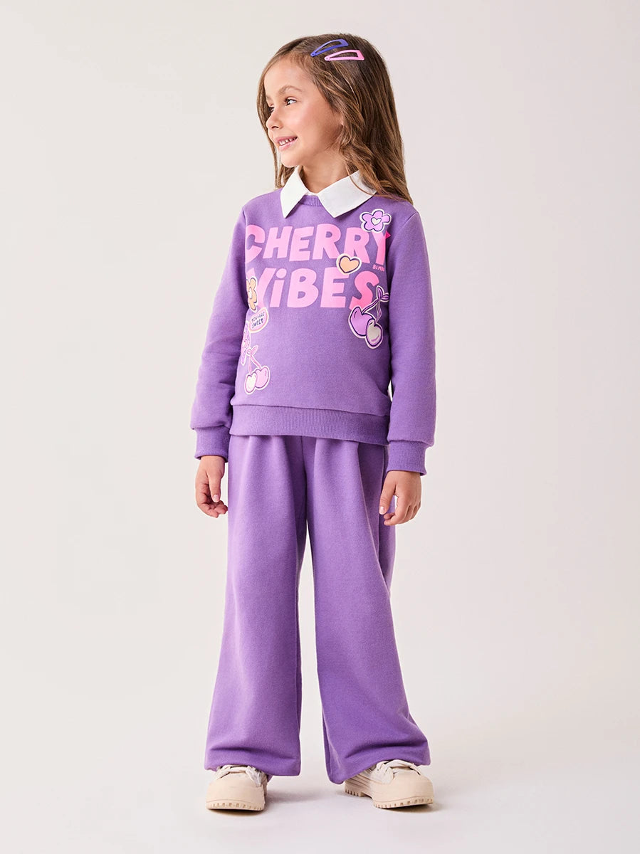 Conjunto Infantil Bimbi Inverno com Calça e Moletom sem Flanela Roxo Cherry Vibes