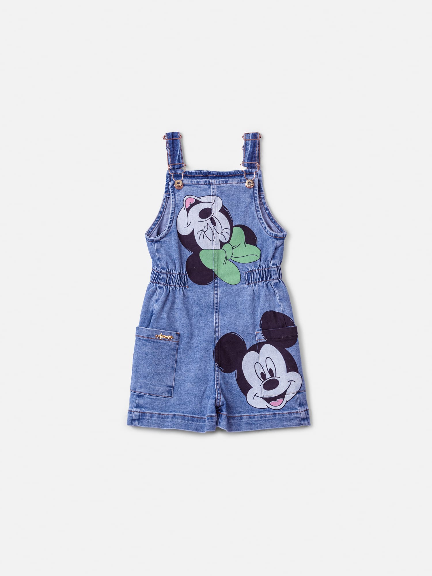 Jardineira Infantil Animê Verão Jeans Minnie e Mickey Disney