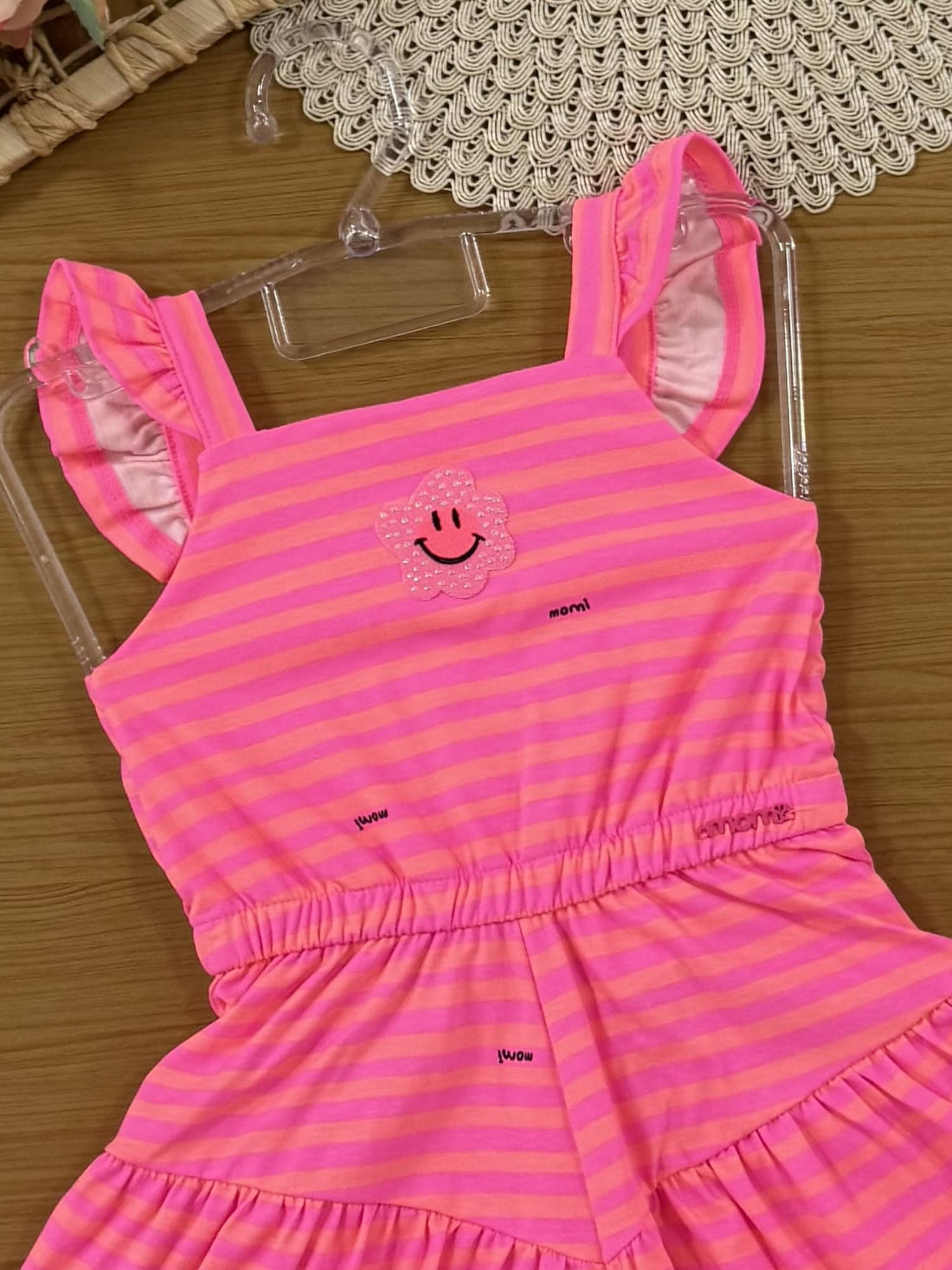 Macação Curto Infantil  Momi Rosa Listrado Florzinha