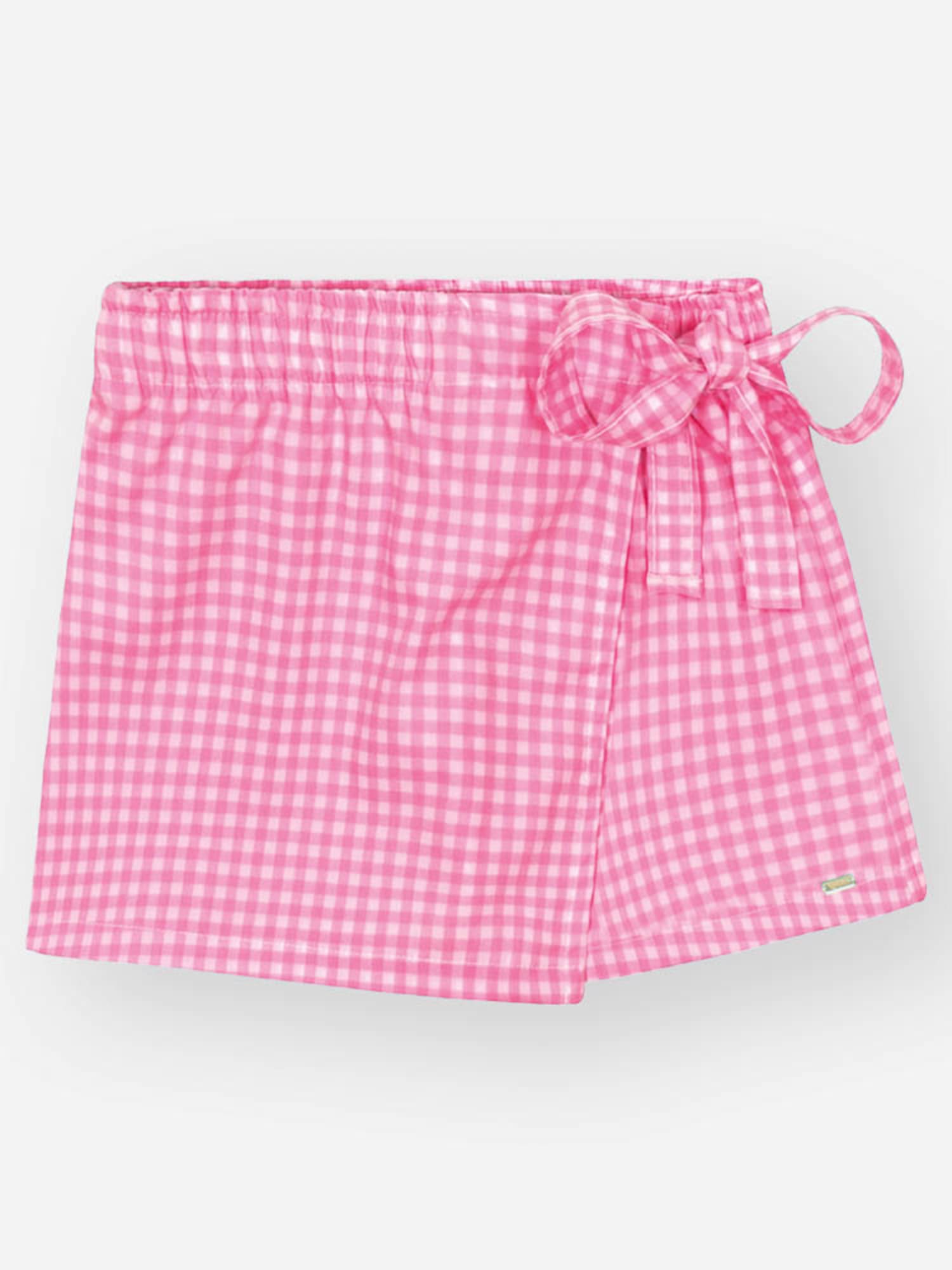 Conjunto Infantil Cinti Verão com Shorts Saia e Cropped Xadrez Rosa Ursinha