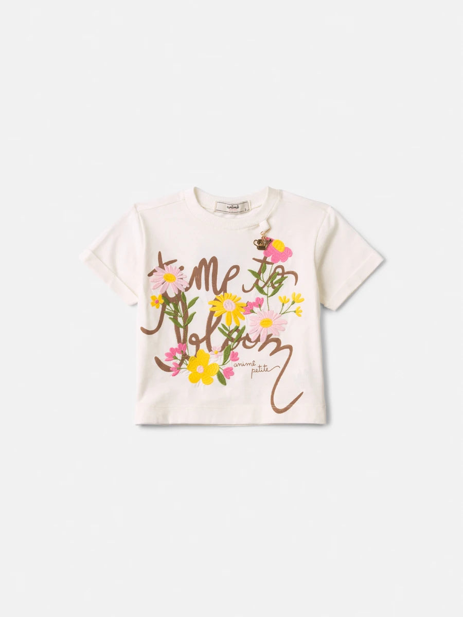 Blusa Infantil Menina Animê Branca Flores Bordadas