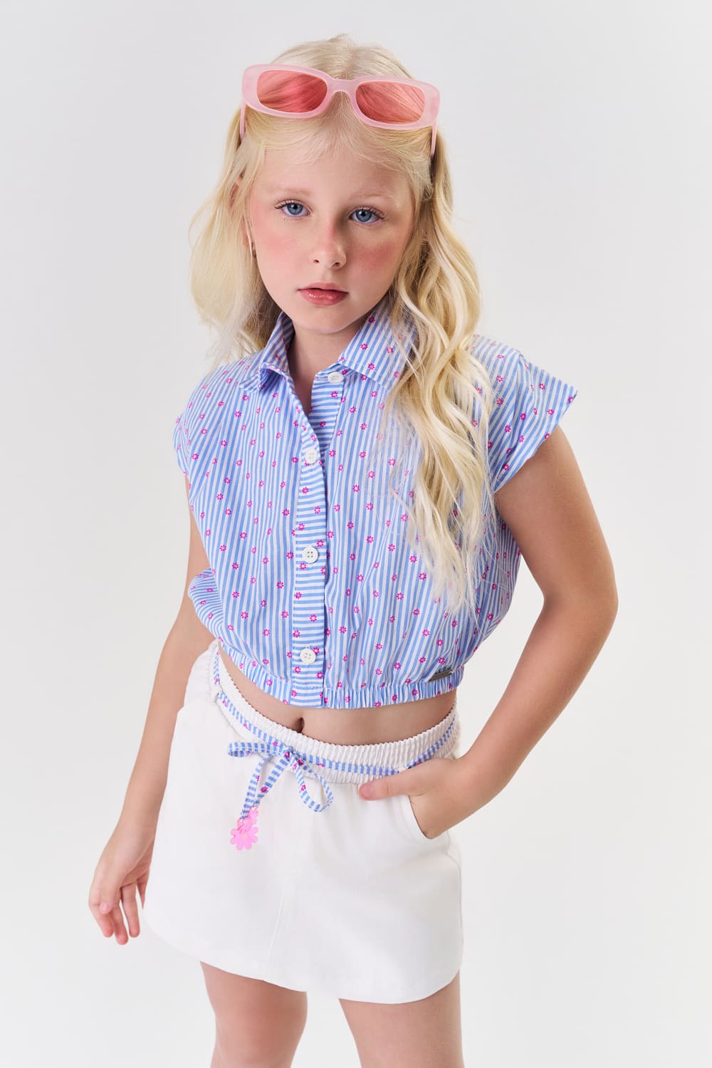 Conjunto Infantil Catavento Verão Com Shorts Saia e Blusa Azul Listrada
