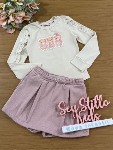 Conjunto Infantil Kukiê Inverno Short Saia e Blusa Bege Ursinhos