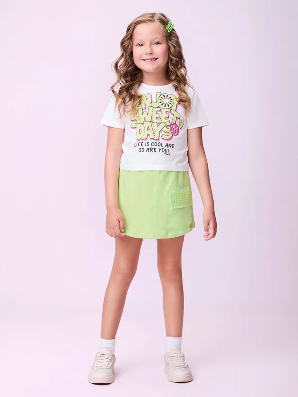 Conjunto Infantil Momi Verão Shorts Saia Verde e Blusa Enjoy