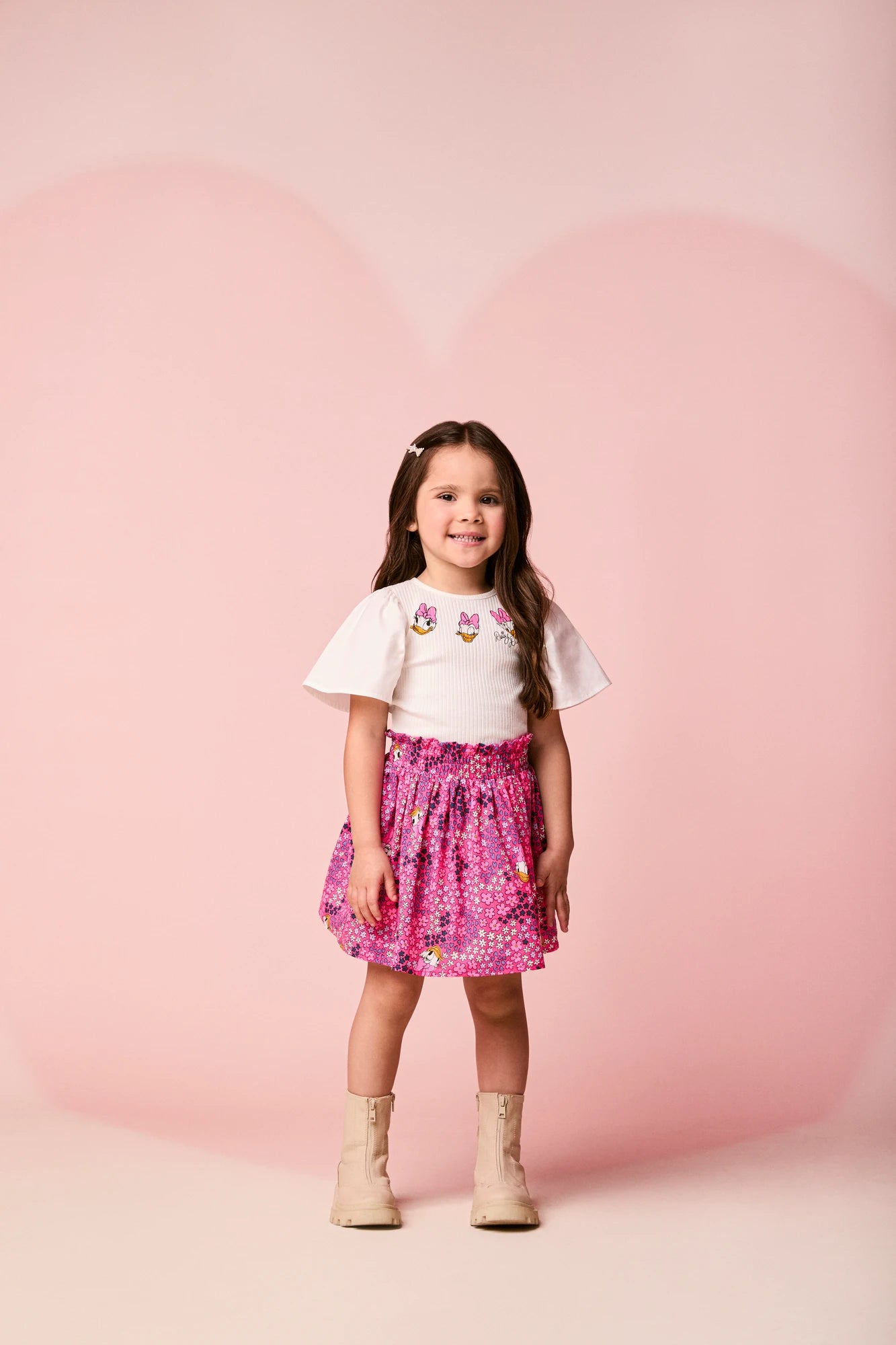 Conjunto Infantil Momi Inverno com Saia Rosa Floral e Blusa Manga Curta Margarida Disney