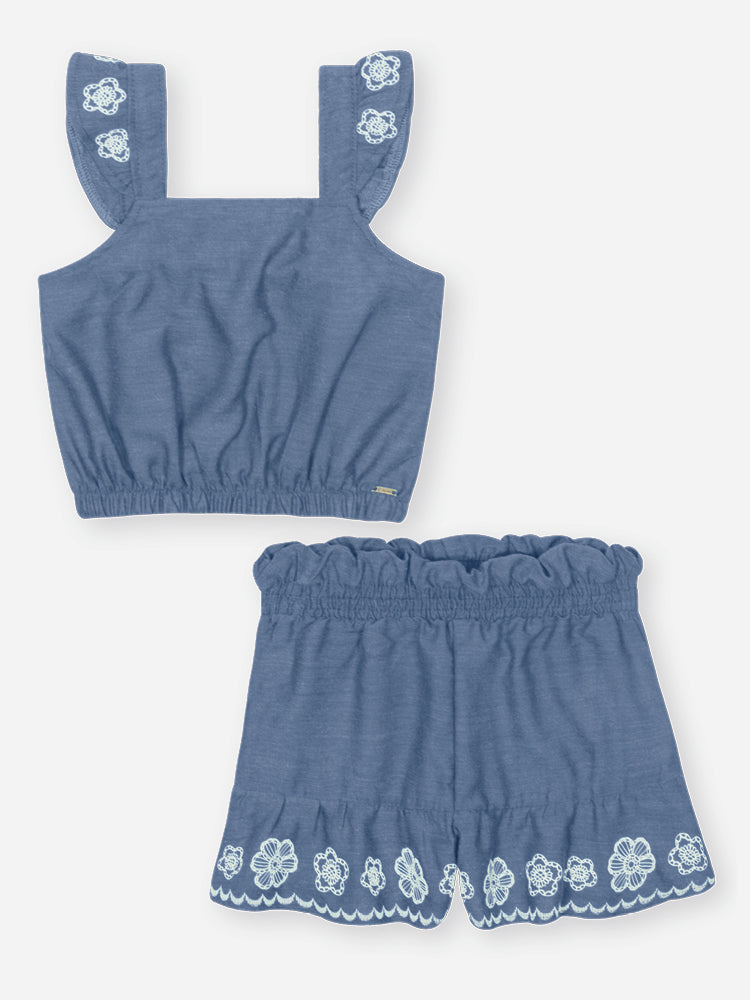 Conjunto Infantil Cinti Verão com Shorts e Blusa Azul Florzinha