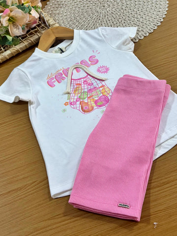 Conjunto Infantil Menina Kukiê com Shorts Ciclista Rosa e Blusa Frutinhas