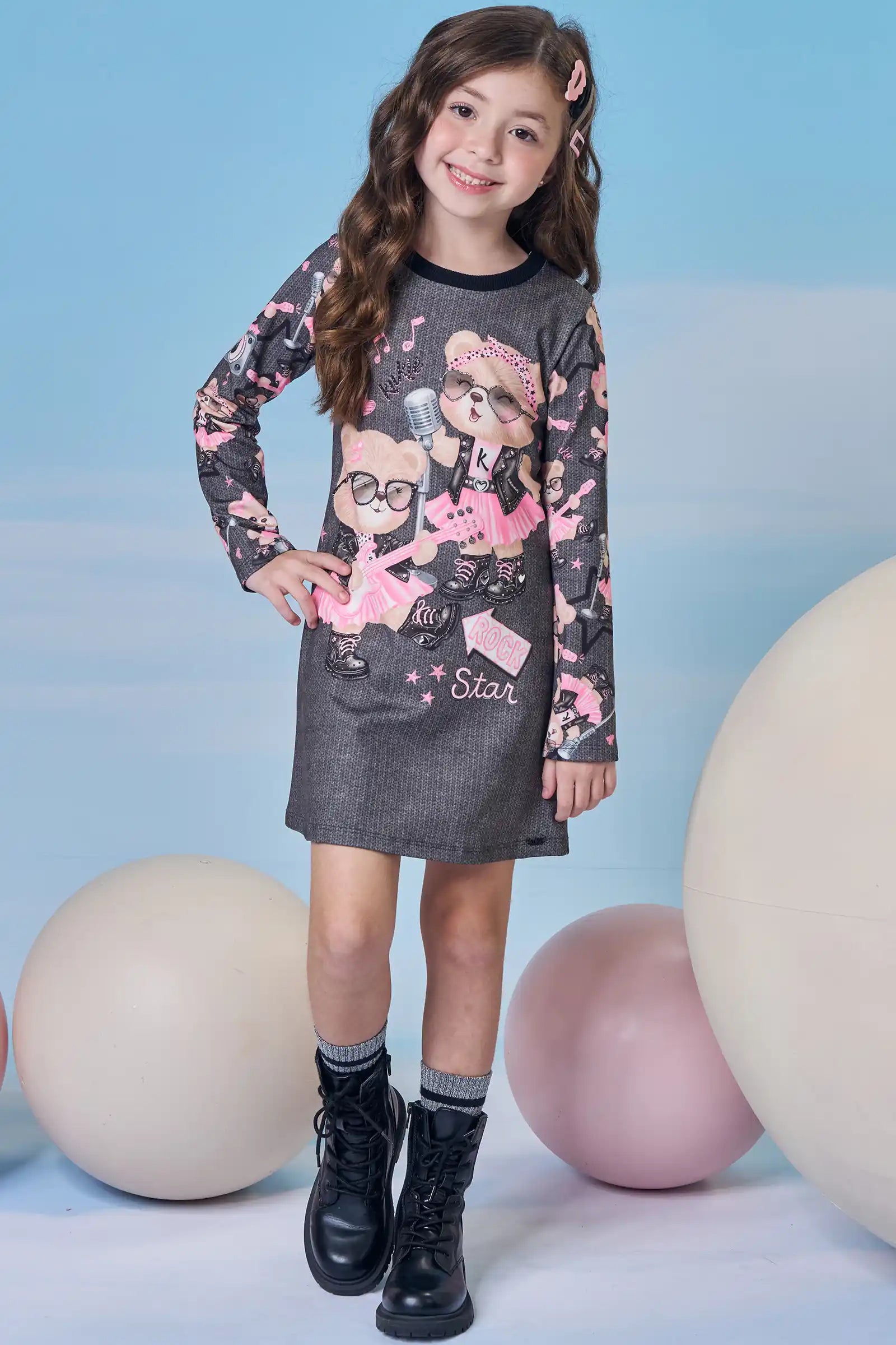 Vestido Infantil Kukiê Inverno Térmico Cinza Ursinha Roqueira