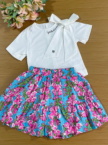 Conjunto Infantil Animê Verão Saia Azul Floral e Blusa Branca Lacinho