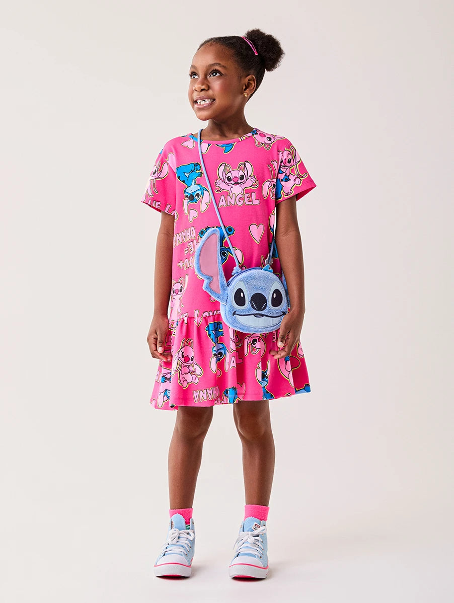 Vestido Infantil Bimbi Inverno Rosa Stitch e Angel Estampado Disney