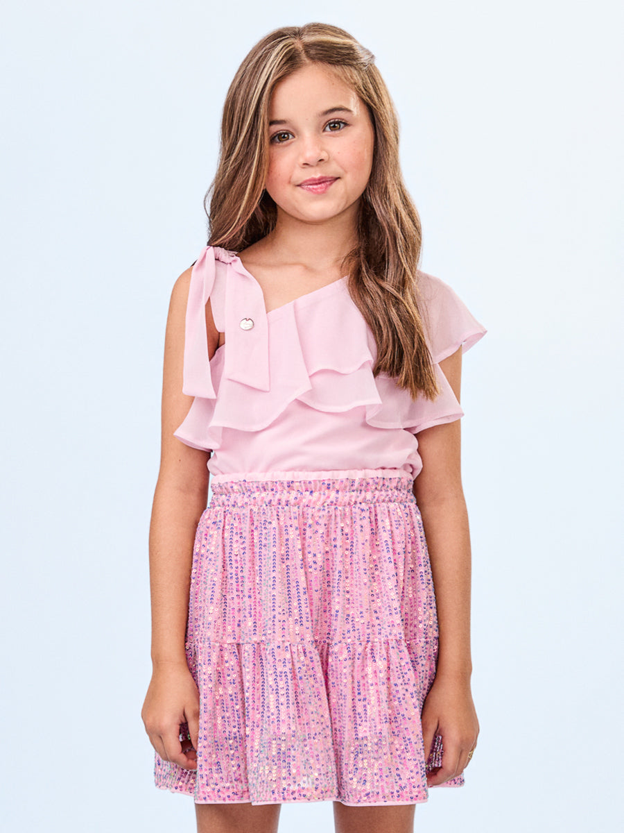 Conjunto Infantil Animê Verão Saia Paetê e Blusa Rosa
