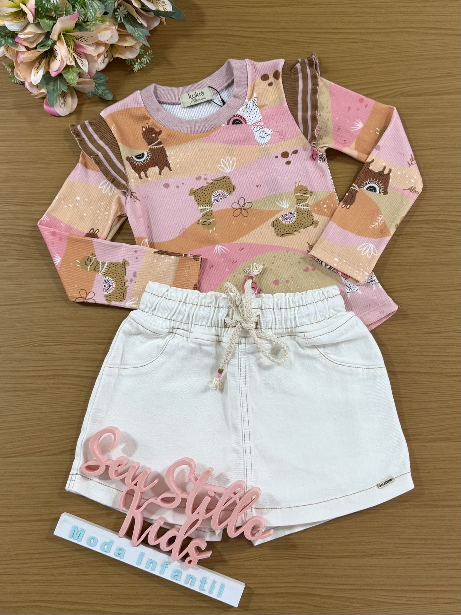Conjunto Infantil Kukiê Inverno Short Saia e Blusa Manga Longa Lhamas