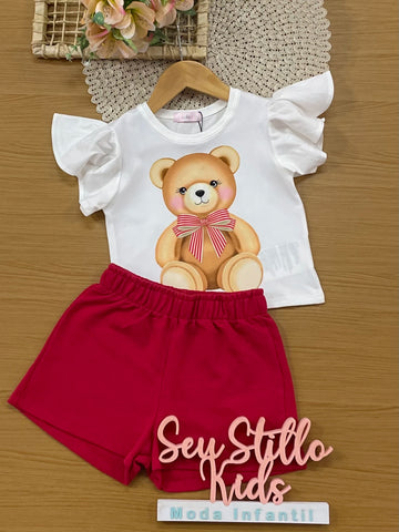 Conjunto Infantil Kukiê com Shorts Vermelho e Blusa Manga Curta Ursinho