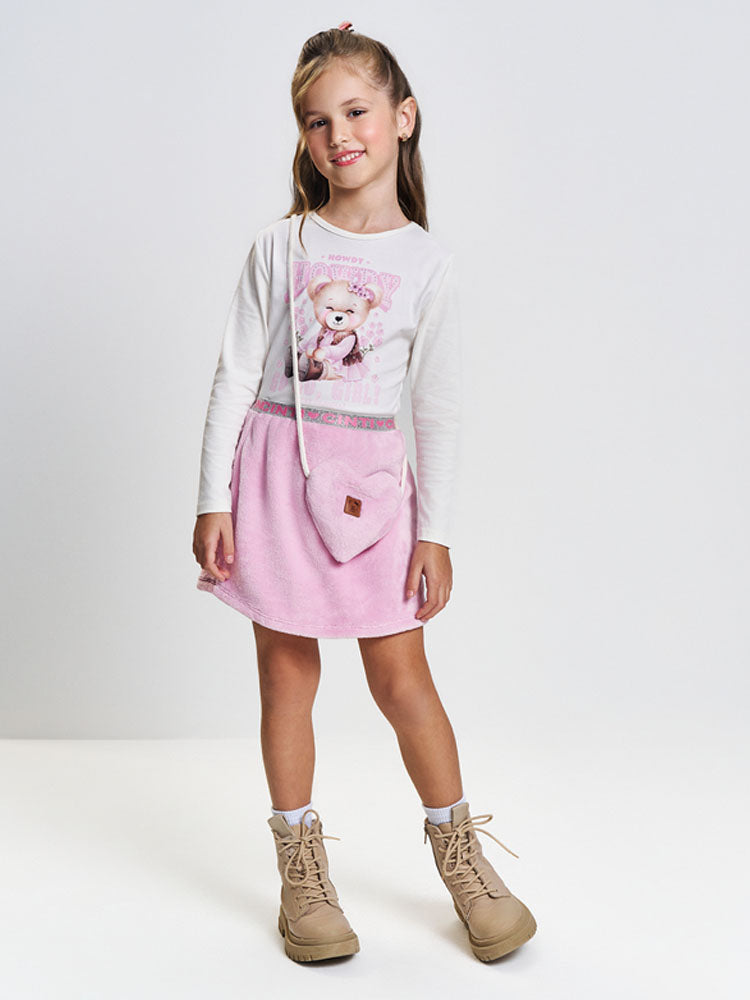 Conjunto Infantil Cinti Inverno com Saia Rosa Peluciada e Blusa Branca Ursinha Strass com Bolsinha