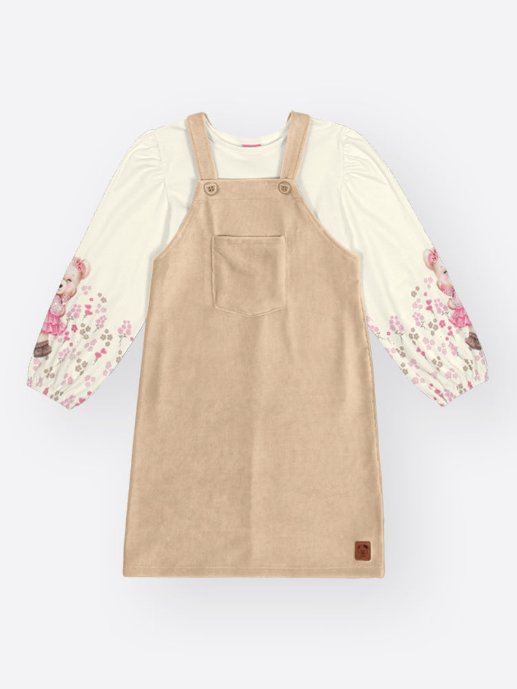 Salopete Infantil Cinti Inverno Bege com Blusa Manga Longa Ursinha