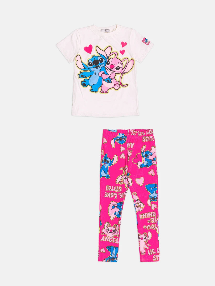 Conjunto Infantil Momo Inverno com Calça Legging Rosa e Blusa Manga Curta Stitch e Angel Love Disney