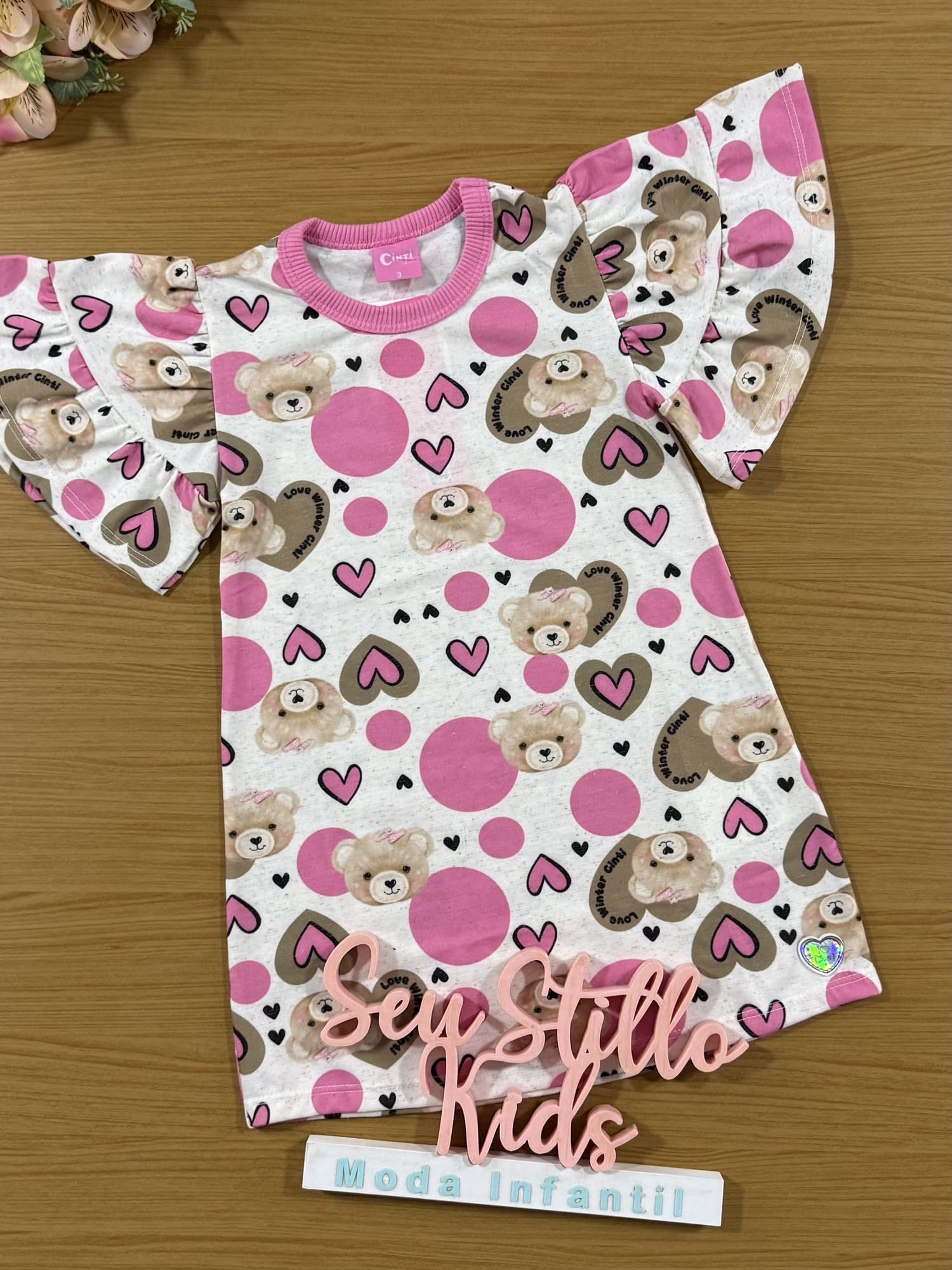Vestido Infantil Cinti Inverno Off White Ursinhos Corações
