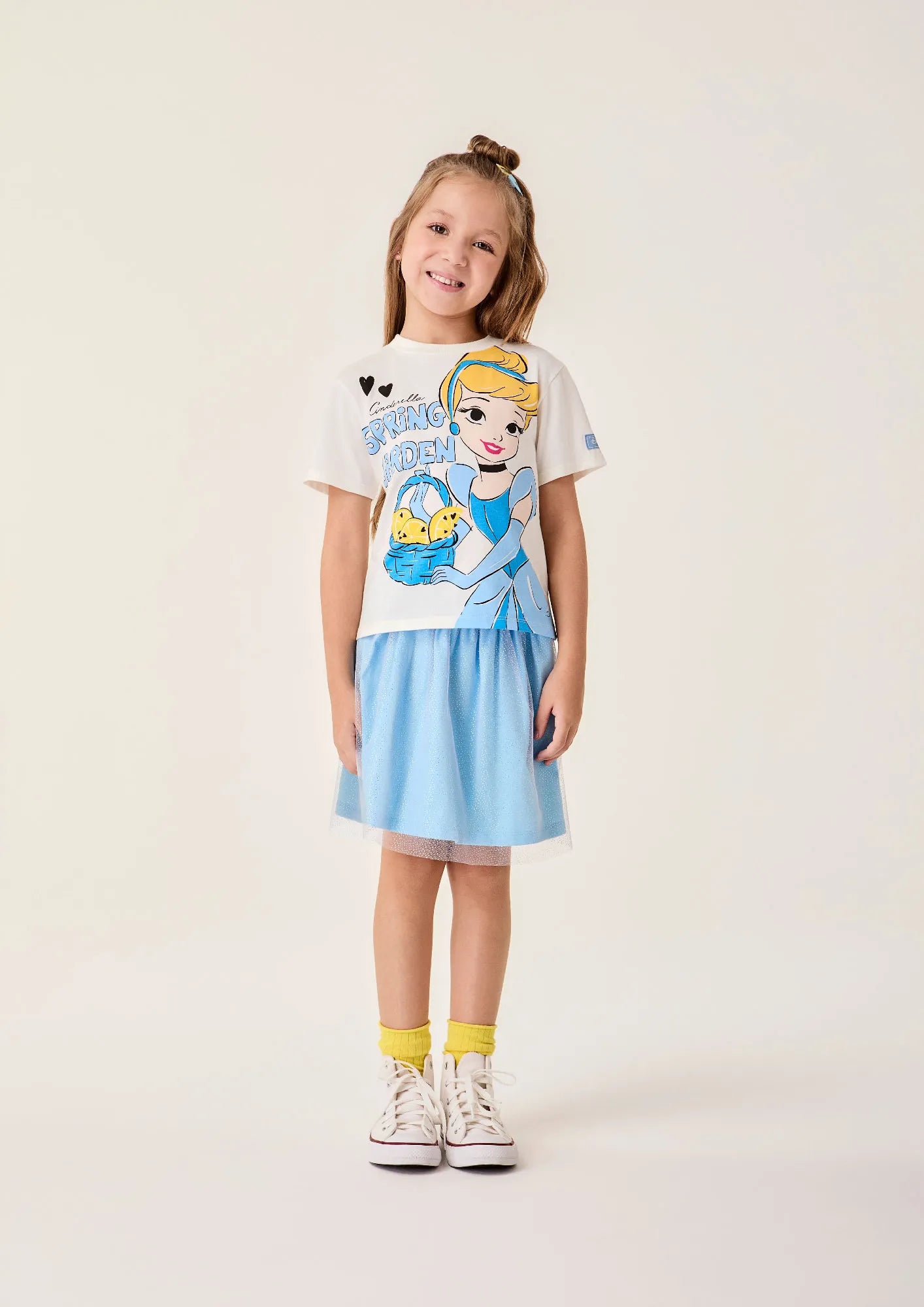 Conjunto Infantil Menina Bimbi com Saia Azul Tule e Blusa Branca Cinderella Disney