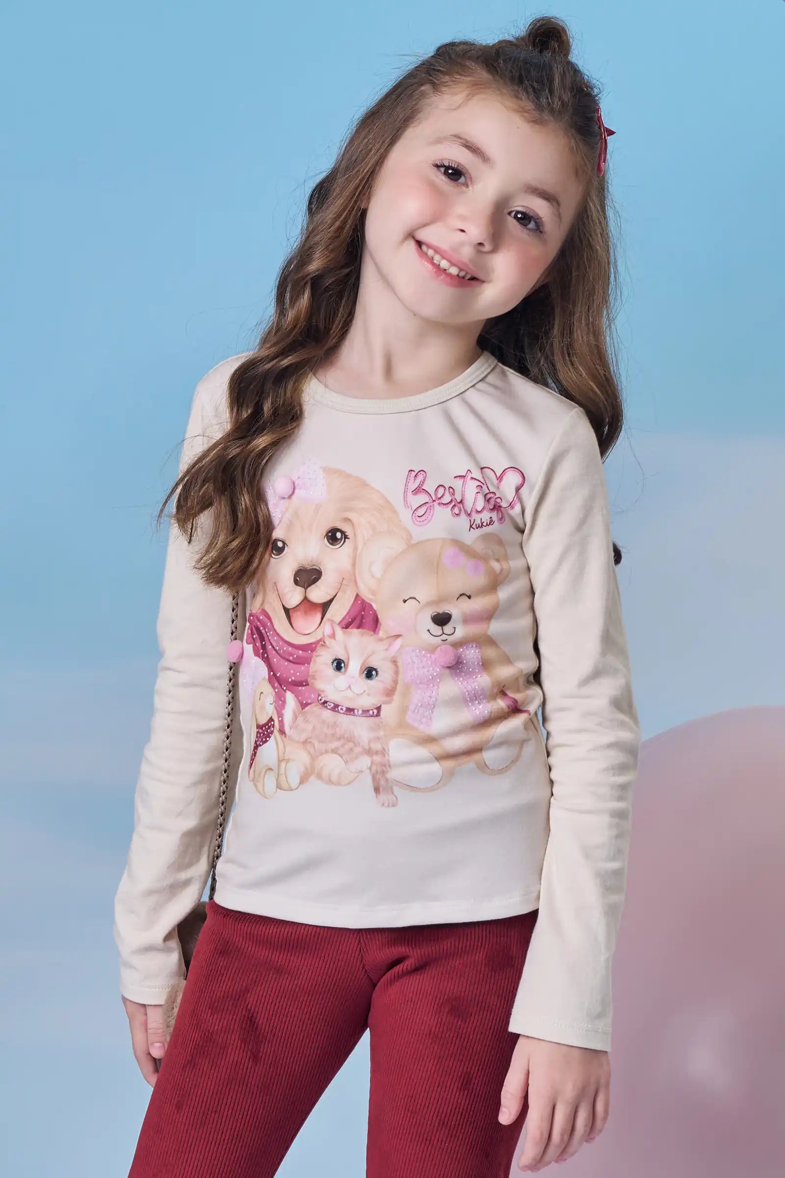 Blusa Infantil Kukiê Inverno Manga Longa Bege Animais Melhores Amigos